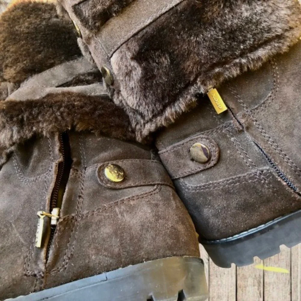 GEOX Mid-Calf Boot Dark Brown Suede Faux FUR Buckles Straps Studs